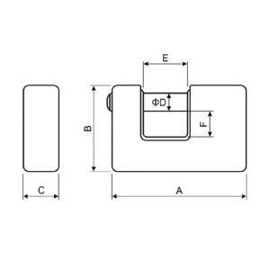 dimension diagram of the armoured rectangle brass padlock showing a to f measurements
