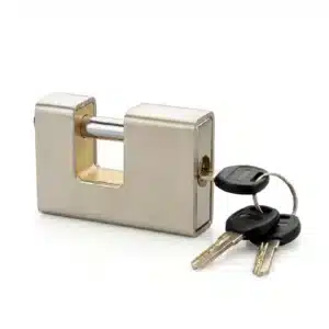 armoured rectangle brass padlock with black plastic-handle keys
